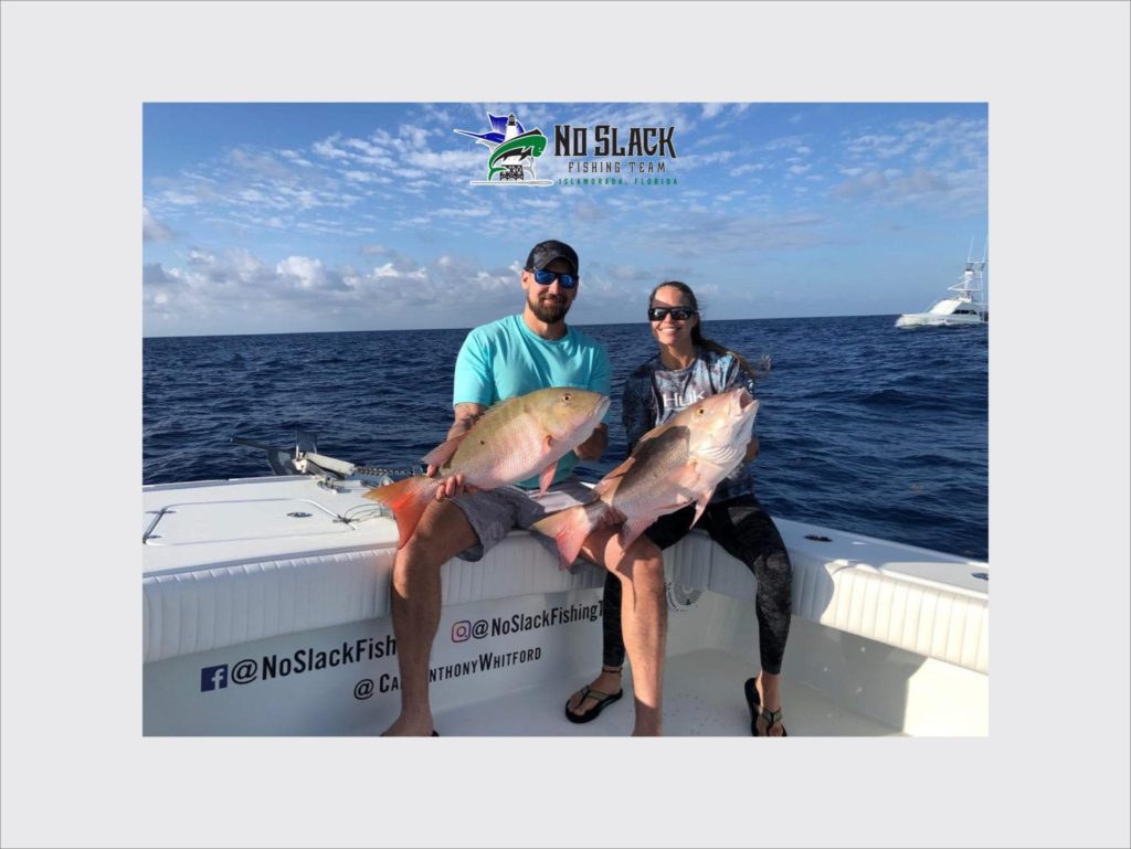 Nate and Jess catching monster mutton snapper off Islamorada Florida on the No Slack Fishing Team Freeman Boat Works 34